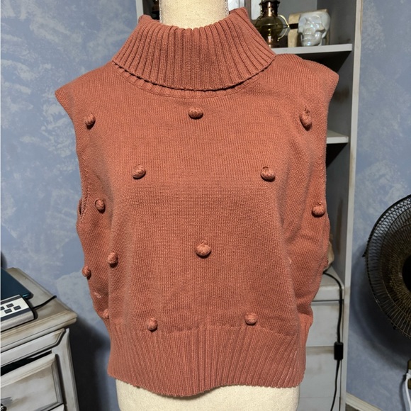 Roolee Burnt Orange Knit Vest with Pom-Poms Vintage turtleneck sleeveless xl - Picture 3 of 11